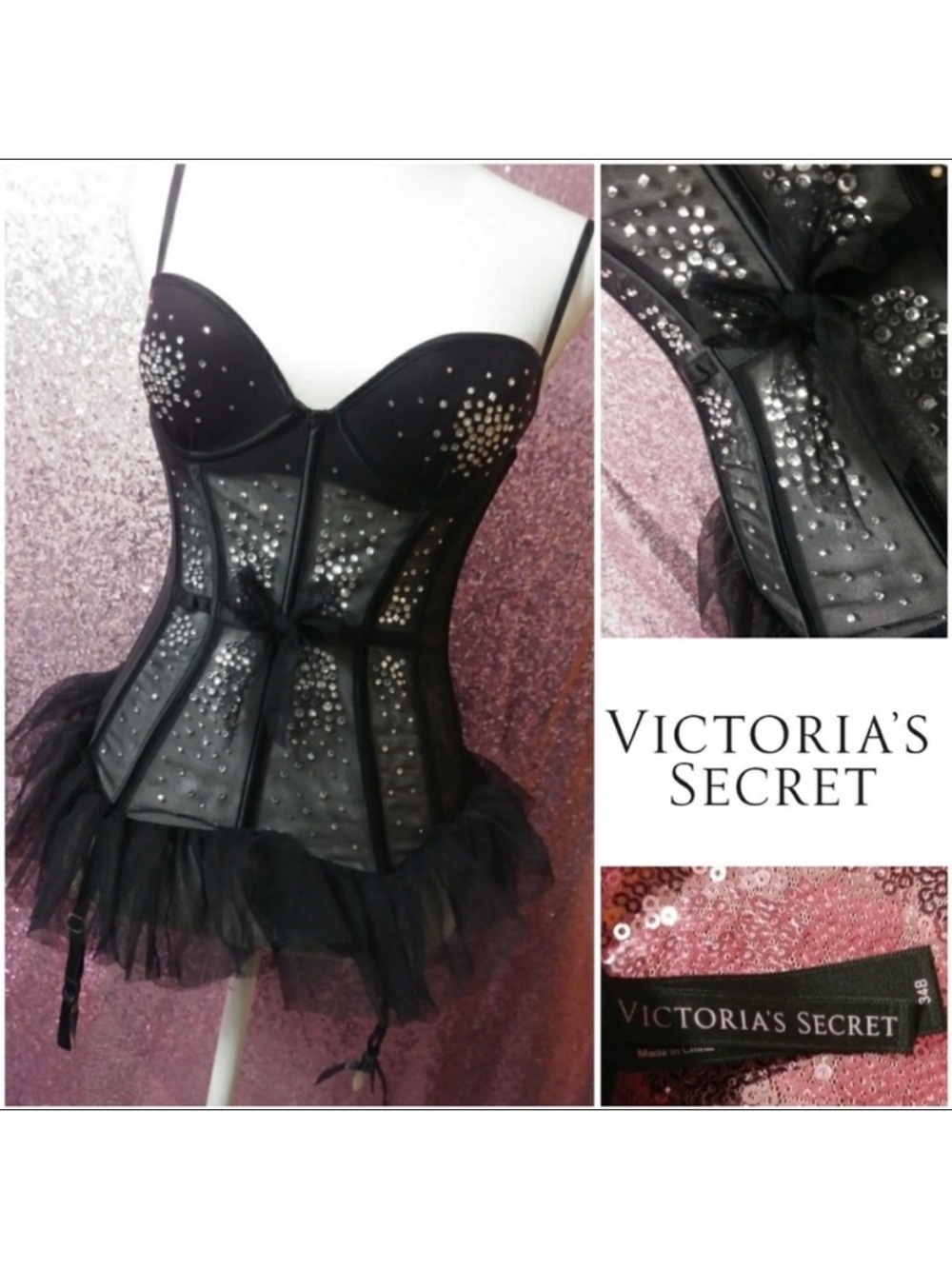 Victoria’s Secret Black Studded Bustier Corset Lingerie with Tulle Hem!